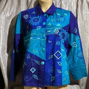 Draper's & Damon's Jacket Blazer Embroidered Beaded L Blue Purple Floral Rayon